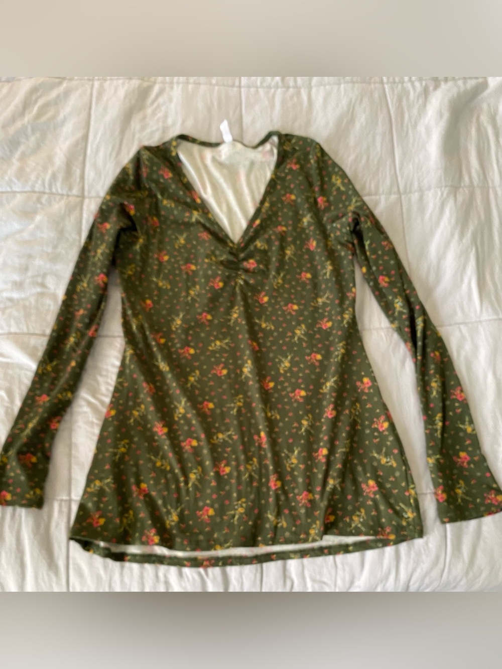 Piphany Olive Green Floral Twist-Front Long Sleeve Tunic